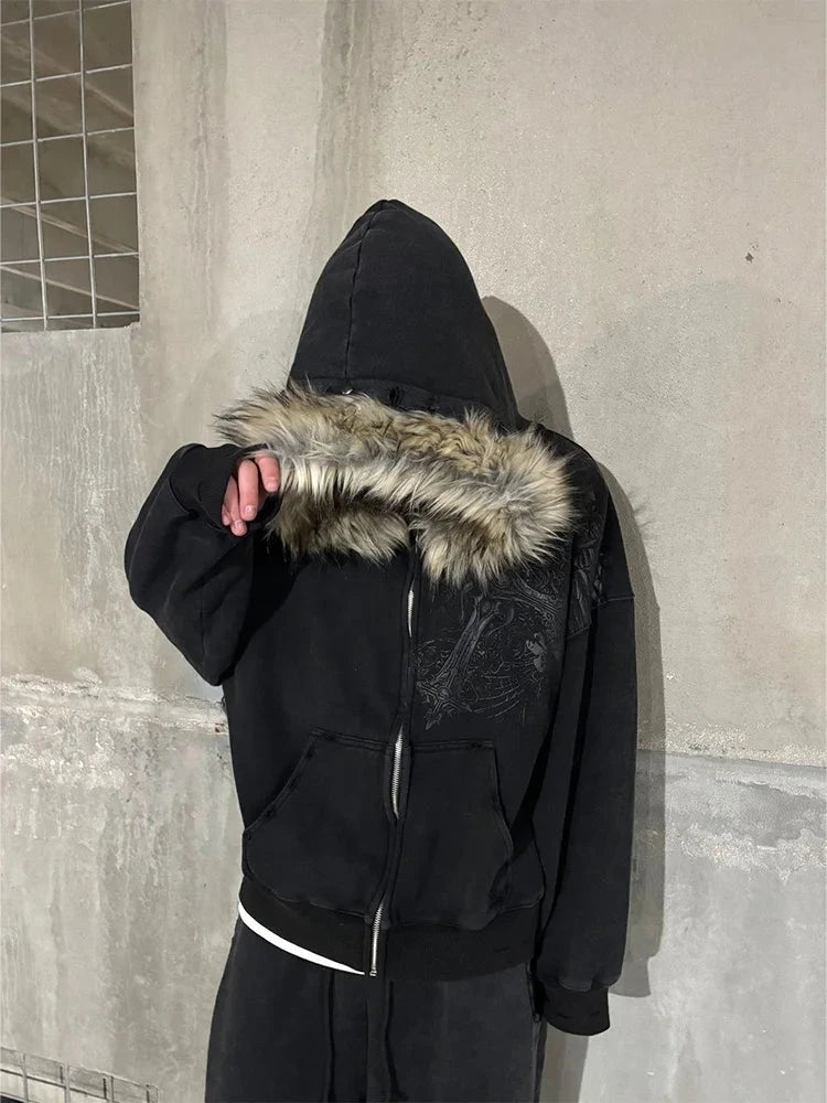 Faux Fur Hooded Graphic Zip-Up Hoodie