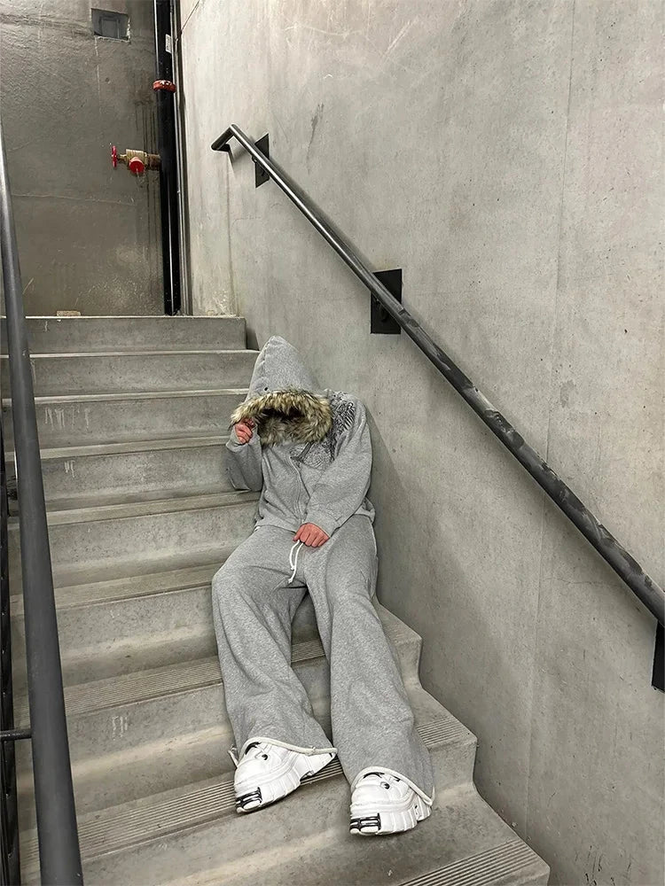 Faux Fur Hooded Graphic Zip-Up Hoodie