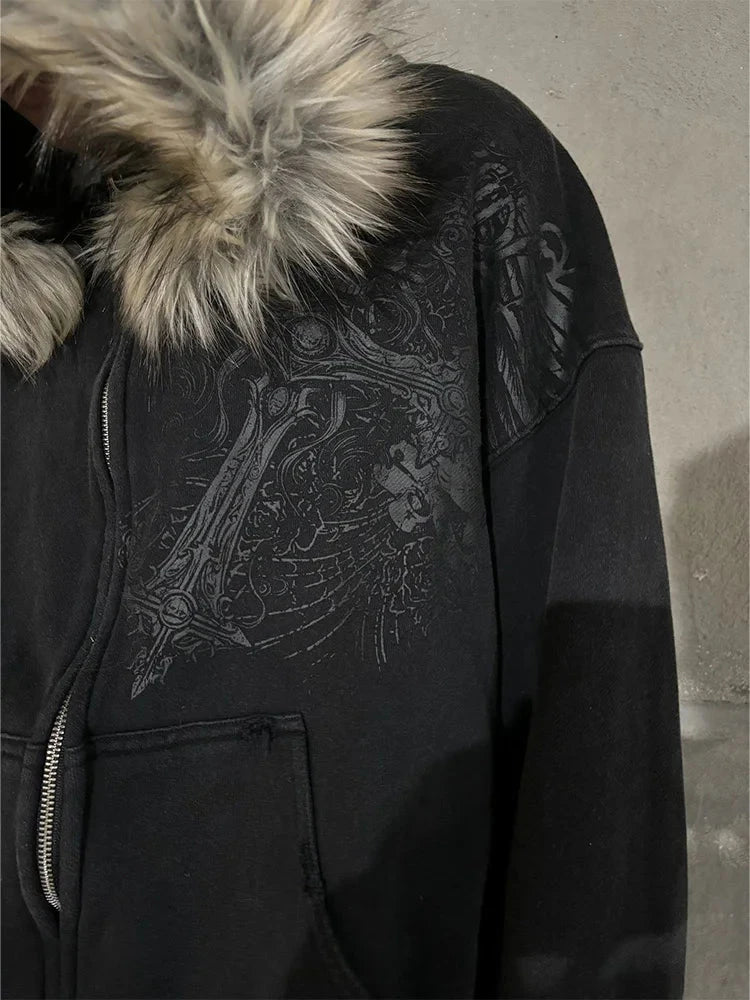 Faux Fur Hooded Graphic Zip-Up Hoodie