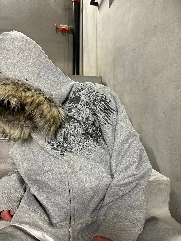 Faux Fur Hooded Graphic Zip-Up Hoodie