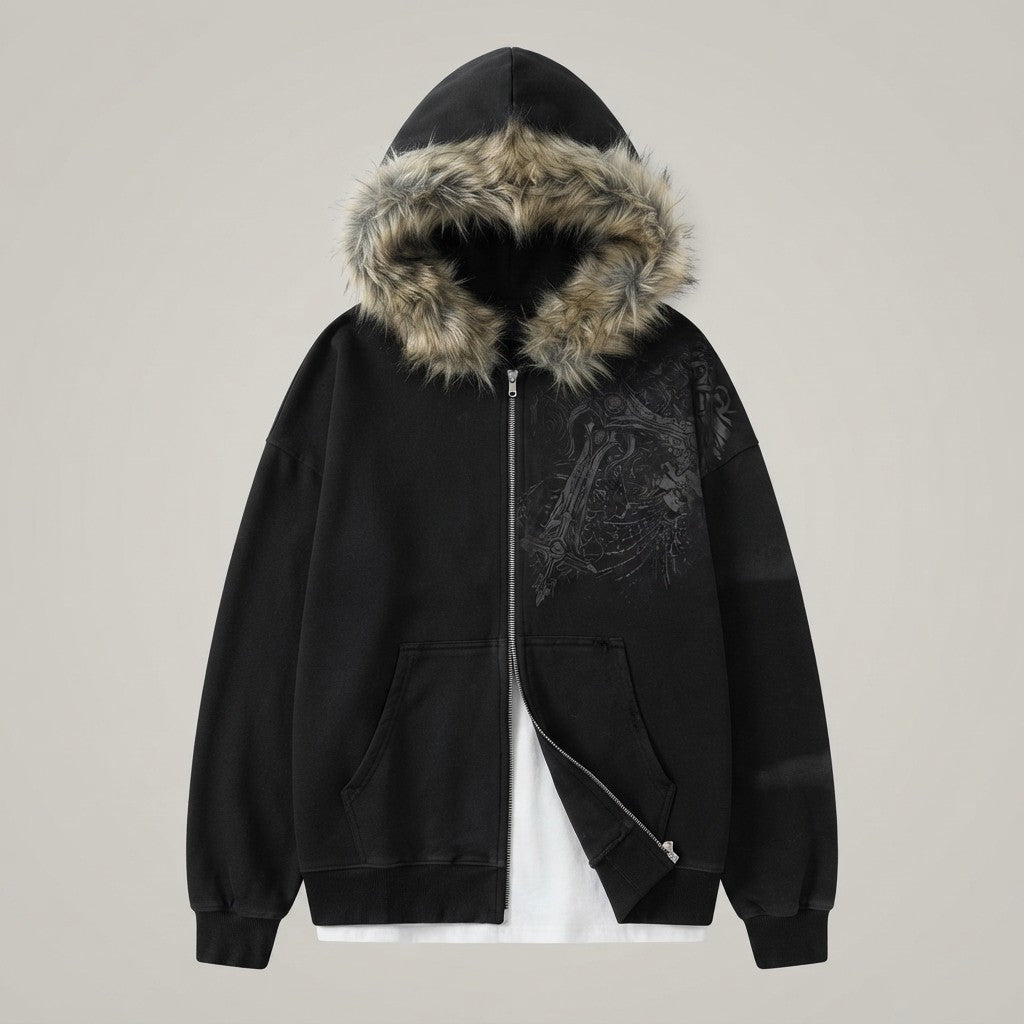 Faux Fur Hooded Graphic Zip-Up Hoodie